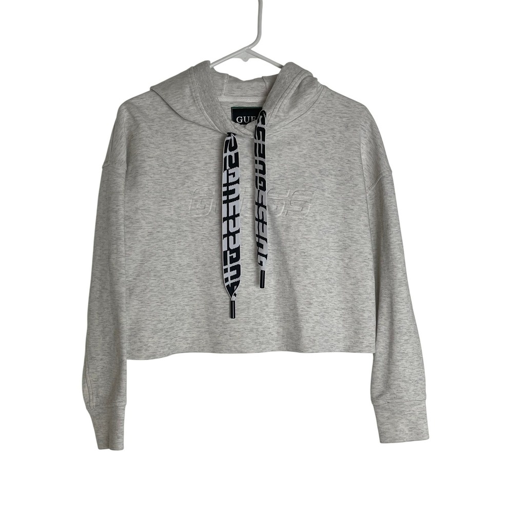 00378 - Guess Cropped Hoodie Sweatshirt White, Gray Logo Activewear Pullover